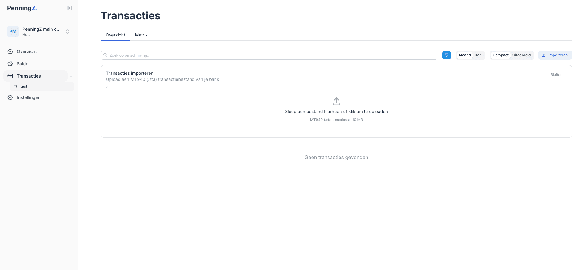 PenningZ transactiepagina met het importeervak en waarschuwing voor gekoppelde rekeningen